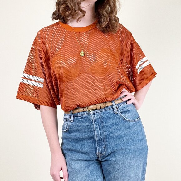 Vintage 1970s Football Jersey Mesh Semi Sheer Oversized Boyfriend T-Shirt Sporty - Picture 2 of 9